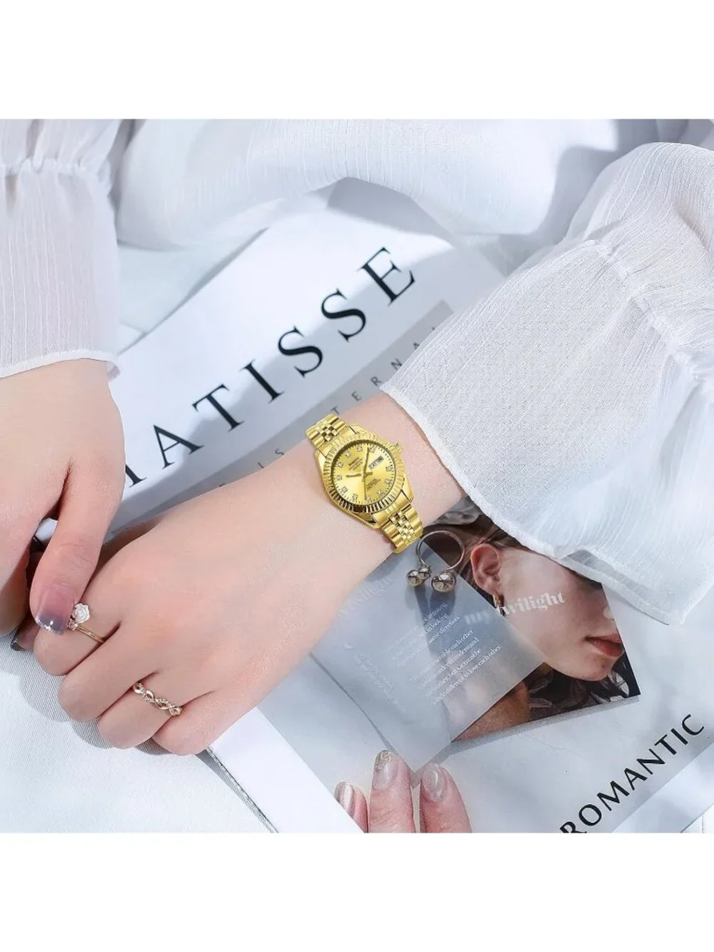 Women's All Gold Waterproof Luminous, Dainty Luxury Diamond Dial Ladies Watch